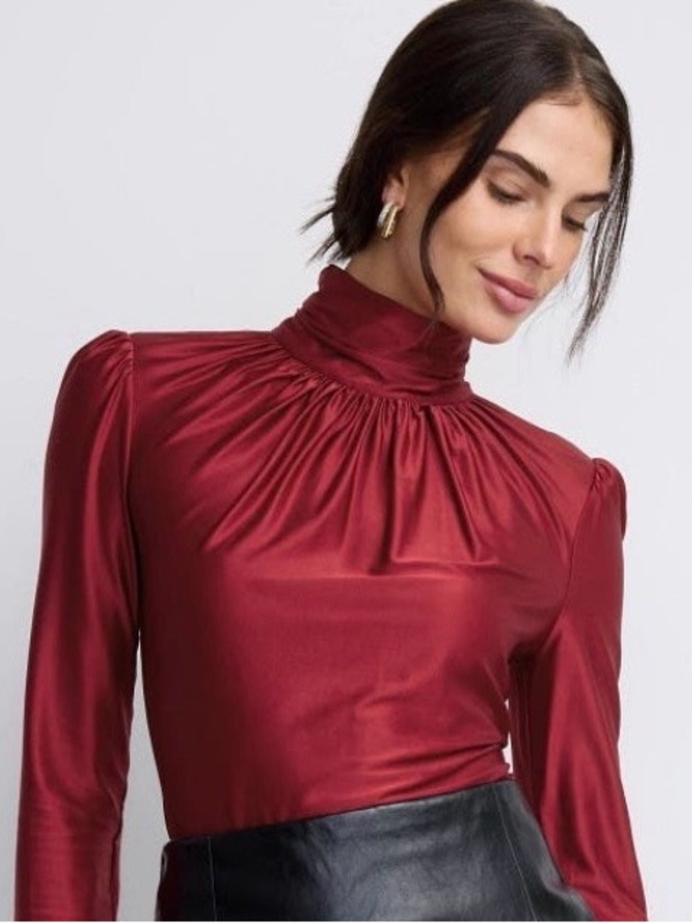 Rabanne Burgundy Satin Mock-Neck Long Sleeve Blouse